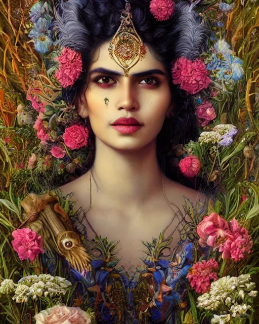 Image similar to portrait of the indian queen of the underworld, surrounded by flowers by karol bak, james jean, tom bagshaw, rococo, sharp focus, trending on artstation, cinematic lighting, hyper realism, octane render, 8 k, hyper detailed.