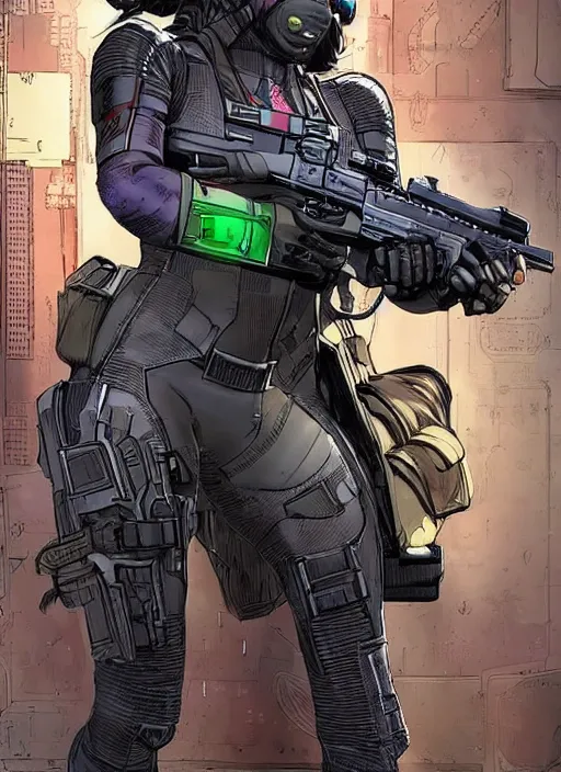 Prompt: selina igwe. apex legends buff cyberpunk spy in stealth suit. concept art by james gurney and mœbius. gorgeous face.