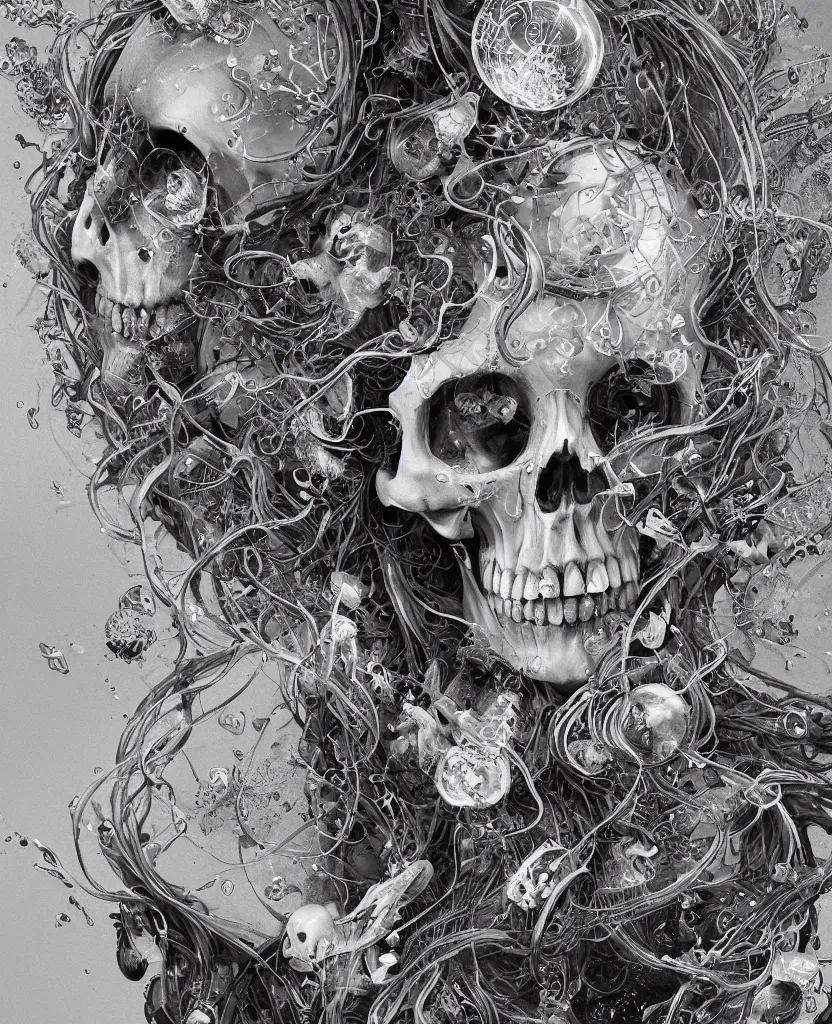 Image similar to close-up portrait goddess skull, thorax, x-ray, backbone, jellyfish phoenix head, nautilus, orchid, skull, betta fish, bioluminiscent creatures, intricate artwork by Tooth Wu and wlop and beeple. octane render, trending on artstation, greg rutkowski very coherent symmetrical artwork. cinematic, black and white, contrast, hyper realism, high detail, octane render, 8k