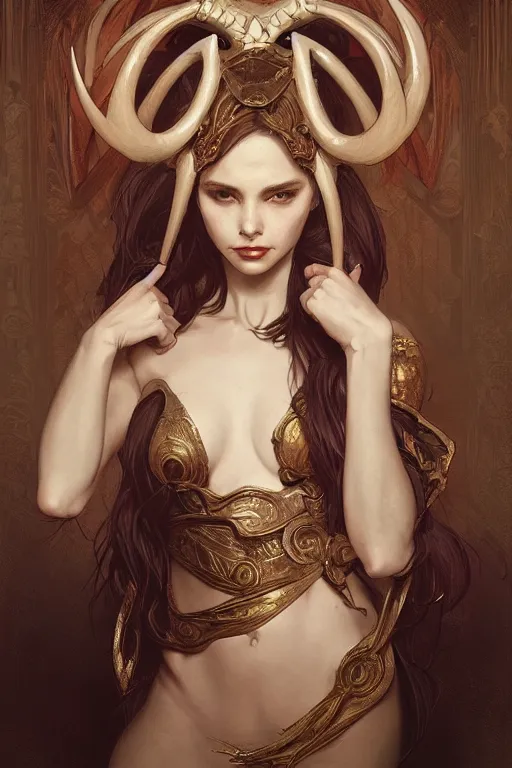 Image similar to Portrait of beautiful demon peasant maiden with horns, intricate, elegant, highly detailed, digital painting, artstation, concept art, smooth, sharp focus, illustration, art by artgerm and greg rutkowski and alphonse mucha