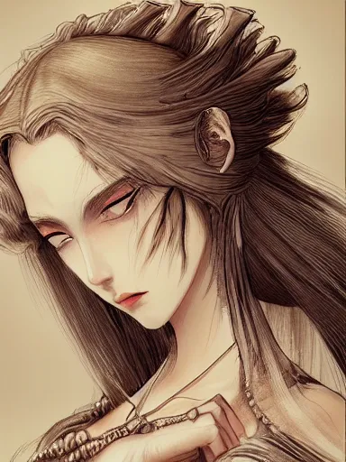 Image similar to a woman's face, baroque style, elegant, beautiful, mesmerizing, concept art, fancy clothing, highly detailed, artstation, behance, deviantart, inspired by innocent manga, inspired by castlevania concept art, trending, ayami kojima, shinichi sakamoto