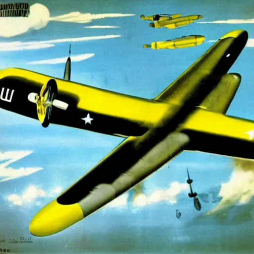 Prompt: yellow and black painted b 2 9 bomber dropping bombs, ww 2 propaganda poster, highly detailed, no text