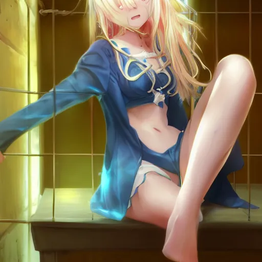 Prompt: a very beautiful young anime girl sitting in a dark prison cell, full body, long wavy blond hair, sky blue eyes, full round face,, shiny golden bikini, miniskirt, front shot, sitting in a dark prison cell, highly detailed, cinematic wallpaper by stanley artgerm lau