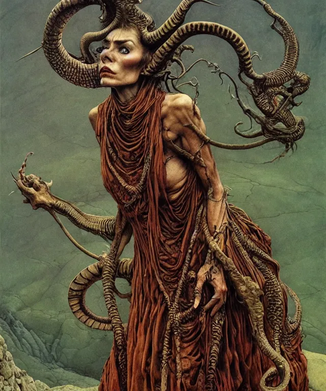 Prompt: A detailed horned snakewoman stands among the hills. Wearing a ripped mantle, robe. Perfect faces, extremely high details, realistic, fantasy art, solo, masterpiece, art by Zdzisław Beksiński, Arthur Rackham, Dariusz Zawadzki