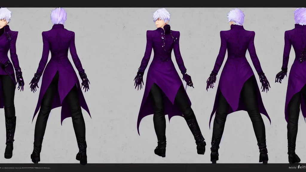 Image similar to devil may cry Vergil's daughter character design sheet, female, purple and black outfit, ghost sword, intricate, trending on artstation