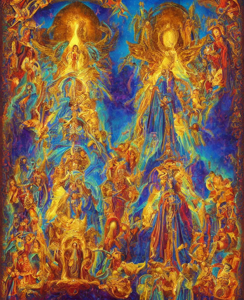 Image similar to holy throne of the gnostic god, award winning oil painting, iridescent aberration celestial color palette