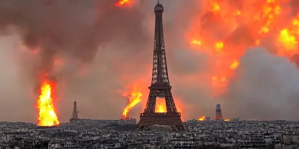 Prompt: eiffel tower is burning, realistic footage, natural lighting, gilets jaunes, cinematic, realistic, bfmtv, tf 1