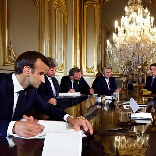Prompt: Emmanuel Macron having a meeting with antropomorphic reptiles, antropomorphic reptiles, dramatic lighting, photography, masterpiece