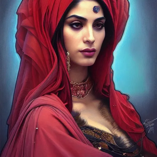 Image similar to Beautiful portrait of a Persian Princess who is an architect, beautiful princess, face painting, beautiful body, attractive, babe, dramatic lighting, intricate, wild, highly detailed, digital painting, artstation, concept art, smooth, sharp focus, illustration, black+velvet+red+Turquoise, dark, art by artgerm and greg rutkowski and alphonse mucha, footage from space camera