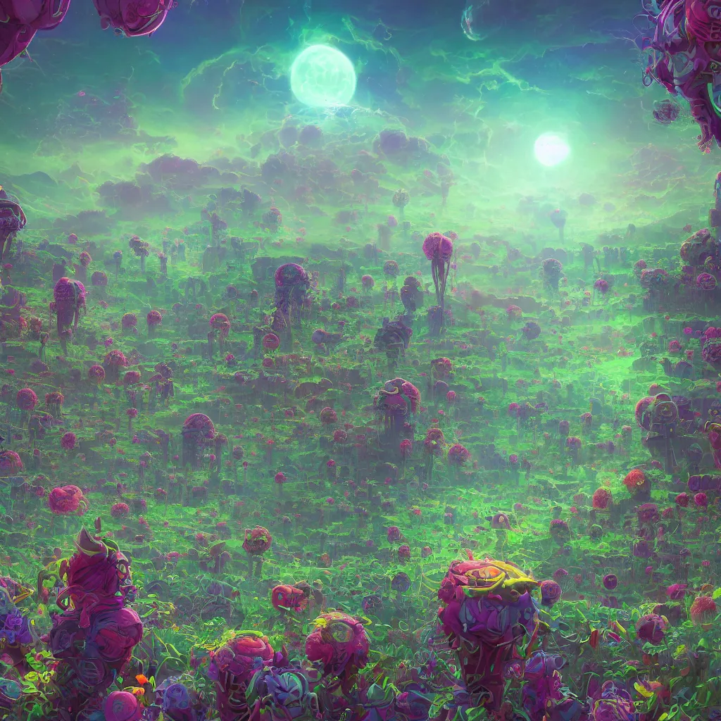 Prompt: concept art, a world full of life divine thrill of the biological tranquil sky, atoms floating, cosmic horror, gothic harts, flowers, artwork by beeple and lisa frank, fantasy art, high - detailed, 8 k, uhd