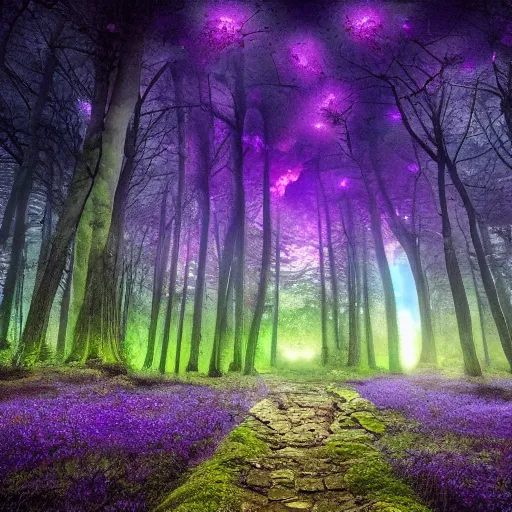 Image similar to purple portal, contains cosmos, inside the dark forest, glowing, vibe, unsettling atmosphere, cinematic, epic, high detail, 8 k, hdr, high resolution, sharp