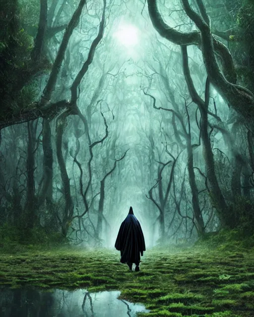 Image similar to a wise wizard walking towards an ominous swamp in a densely overgrown, eerie jungle, fantasy, stopped in time, dreamlike light incidence, ultra realistic