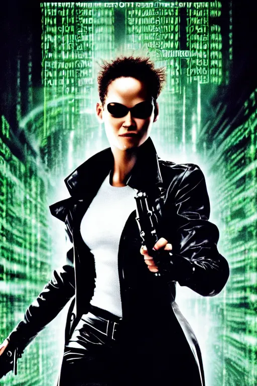 Prompt: a movie poster portrait taken from the matrix movie featuring ( kim fields ) with long black braids, wearing futuristic sun glasses and black leather trench coat, holding a futuristic gun, green matrix computer code and light beams flash in the background, no text, extremely detailed, extremely symmetrical facial features, by kevin fiege 8 k