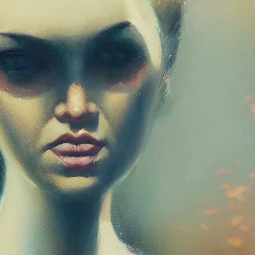 Image similar to detailed face of a woman, clockwork, moment, tectonic sky, skydome, bullet train, turbines, utopian, tech noir, wet reflections, prism, atmospheric, ambient, nick alm, casey baugh, pj crook, syd mead, livia prima, edward hopper