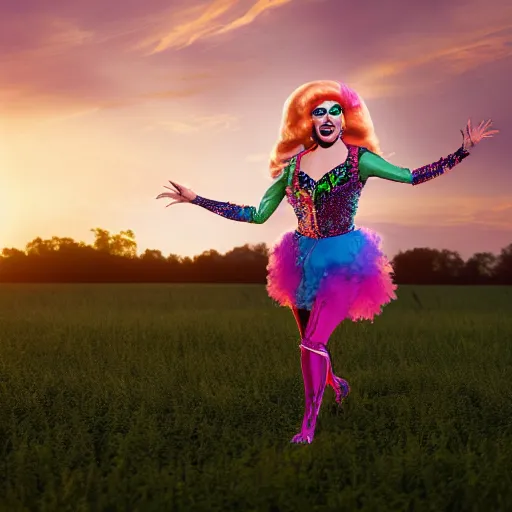 Prompt: the drag queen Trixie Mattel running through a field at sunset, fine art, 8k,