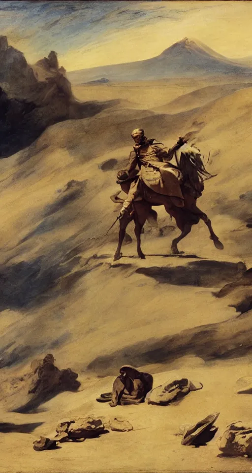 Prompt: a film still of lawrence of arabia by william turner, by theodore gericault, by caspar david friedrich, by frank frazetta oil painting, romantism, realism, limited palette