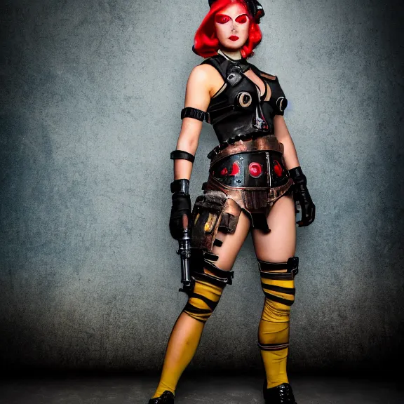 Image similar to full length photo of a very beautiful female atompunk warrior, 8 k, hdr, smooth, sharp focus, high resolution, award - winning photo