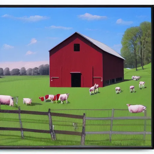 Image similar to exterior view of modern futuristic farm barn architecture, cows, pigs, chickens, detailed luminescent oil painting 4 k