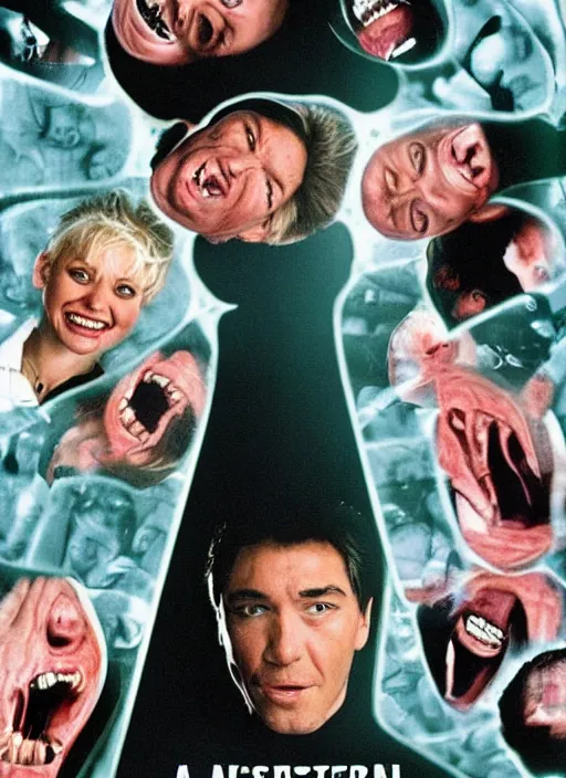 Image similar to an ExistenZ (1999) movie poster composed entirely of Flesh and human teeth, highly detailed