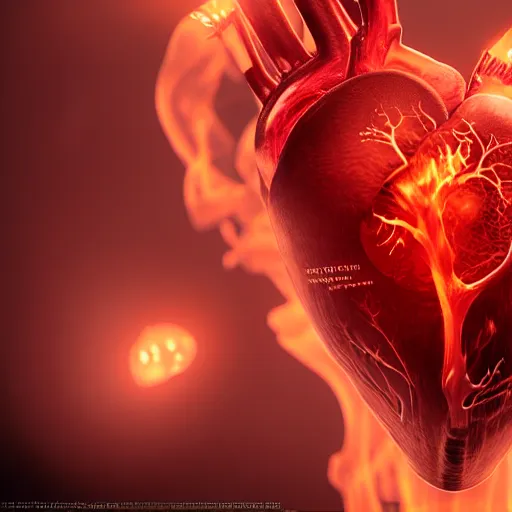 Image similar to dark art rendering of an anatomical heart with a flame inside, closeup, detailed, realistic, cinematic lighting, unreal engine, cgsociety, detailed, by HR Geiger