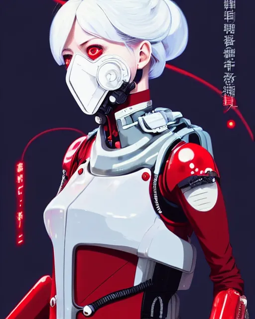 Image similar to white haired cyborg girl wearing gas mask and red dress | | audrey plaza, warframe armor, fine detail!! anime!! realistic shaded lighting!! poster by ilya kuvshinov katsuhiro otomo ghost - in - the - shell, magali villeneuve, artgerm, jeremy lipkin and michael garmash and rob rey