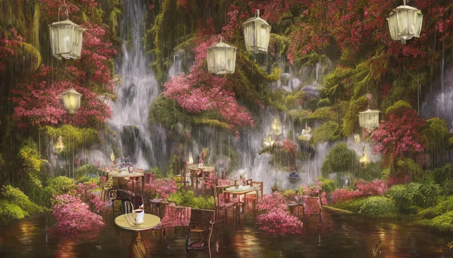 Prompt: James Jean painting of a 35mm film still of a very surreal magical European castle cafe in a lush waterfall garden, falling cherry blossoms pedals, in the style of Gucci and Wes Anderson glowing lights and floating lanterns, foggy atmosphere, rainy, moody, muted colors, magic details, very detailed, 8k, cinematic look