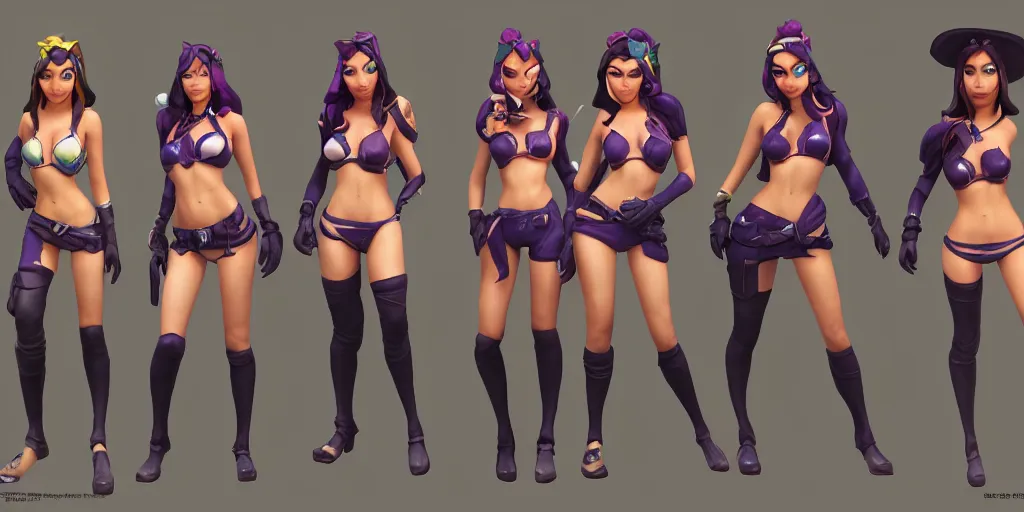 Image similar to rendered character sheet of of beautiful Pool party Caitlyn in the game League of Legends, unreal engine 53d trending on art station