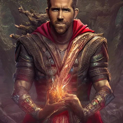 Prompt: ryan reynolds wearing wizard robes sits against magical tree romance novel fantasy artwork epic detailed and intricate digital photo trending on artstation by wlop octane render