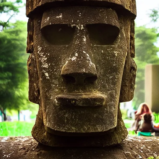 Image similar to a high detail photo of a moai wearing headphones, subject: moai, subject detail: wearing headphones