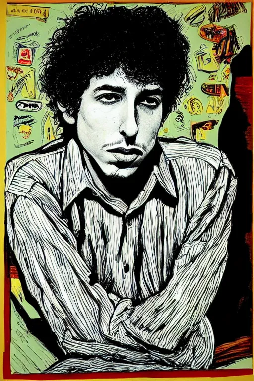 Image similar to “portrait of young bob Dylan, by Robert crumb, colourful, detailed”