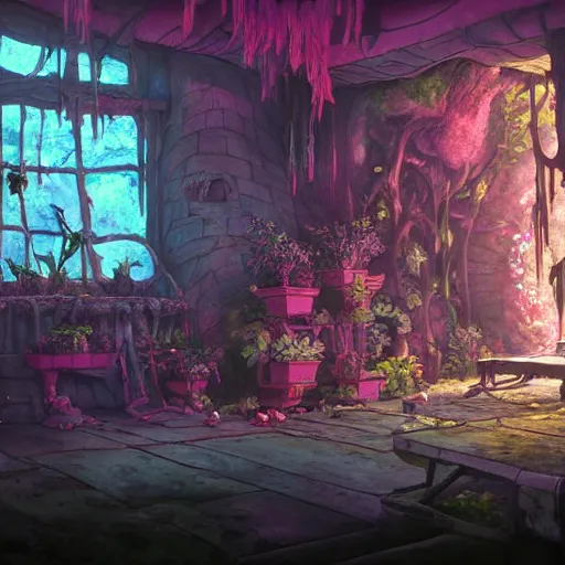 Image similar to concept art painting of a interior of a cozy alien fantasy cottage made of fungus, with black vines and magenta houseplants, realistic, detailed, cel shaded, dark, in the style of makoto shinkai and greg rutkowski and james gurney