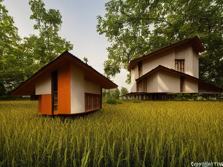 Prompt: hyperrealism design by frank lloyd wright and kenzo tange photography from 5 point of perspective of beautiful detailed small solarpunk house with many details in small detailed ukrainian village designed by taras shevchenko and wes anderson and caravaggio, wheat field behind the house, around the forest volumetric natural light