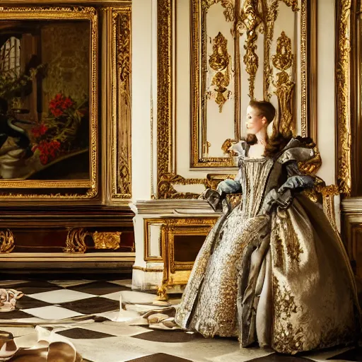 Image similar to francesca findabair in versailles, wow 4 k detail fantasy, matte painting, realistic materials, photo realistic, postprocessing, cinematic, hyperrealistic, studio lighting, ekaterina, the tudors, photography by richard jenkins