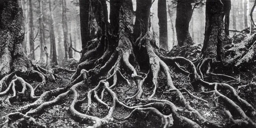 Prompt: 1 9 2 0 s photography of monster root creatures creeping and lurking in dark forest in the dolomites