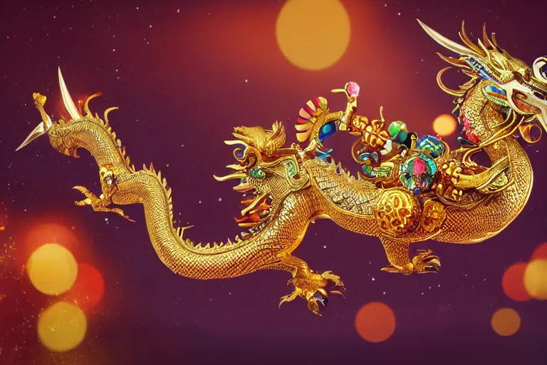 Prompt: cinematic shot of a miniature gold and silver chinese dragon intricately decorated with colorful jewels, detailed textures, midnight city lights, strong bokeh, dramatic lighting, unreal engine, cgsociety, artstation, 4k