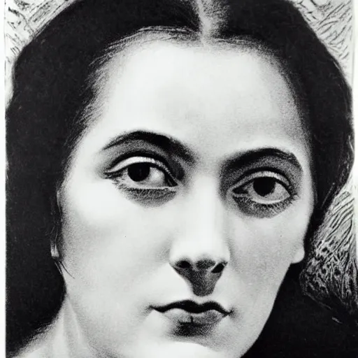 Image similar to extreme close-up, black and white, portrait of a young french woman from 1960s, marie laforet as model, Gustave Dore lithography