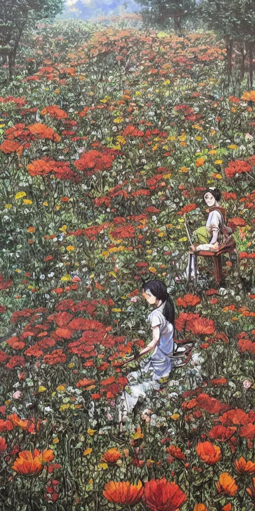 Image similar to oil painting scene from flower fields in the forest by kim jung gi