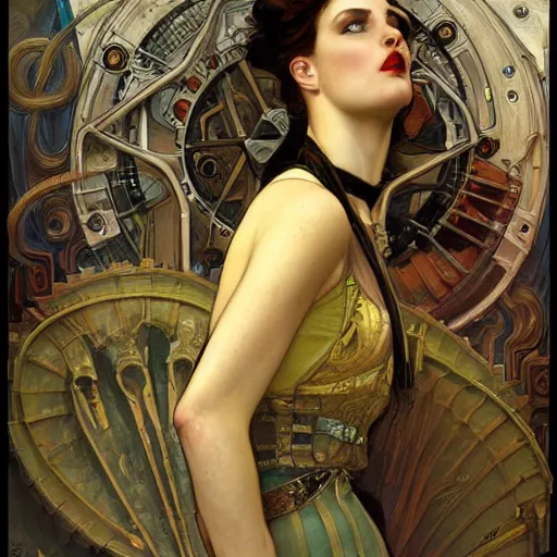 Prompt: a dieselpunk painting in the style of donato giancola, and in the style of tom bagshaw, and in the style of alphonse mucha. symmetry, smooth, sharp focus, semi - realism, intricate detail.