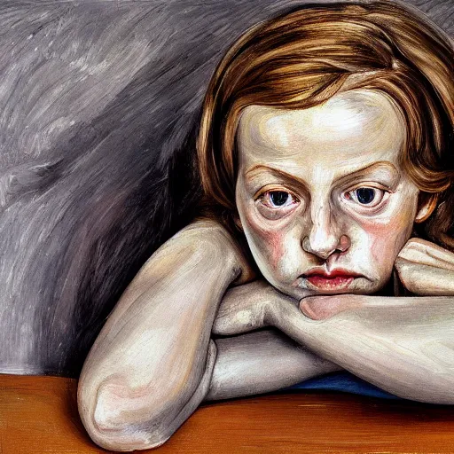 Image similar to high quality high detail painting by lucian freud, hd, exhausted girl portrait, photorealistic lighting