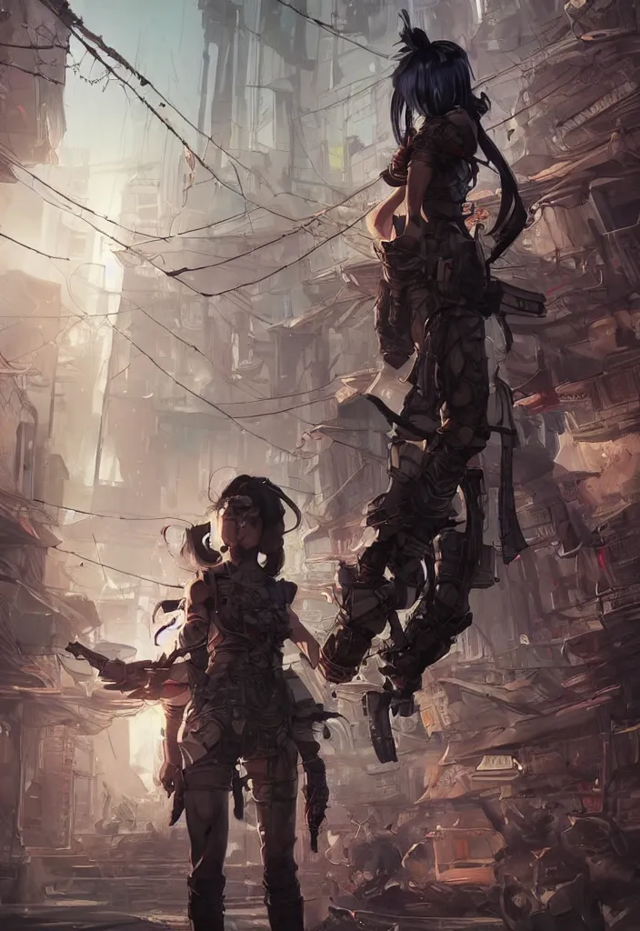 Image similar to Beautiful science fiction warrior princess full body portrait, set in post apocalyptic Tokyo alleyway, glorious sunlight, colors and shadows, D&D, fantasy, highly detailed, digital painting, artstation, concept art, sharp focus, illustration, in style of Artgerm and KyuYong Eom and Mansik Yang and WLOP and Greg Rutkowski and Paul Chadeisson