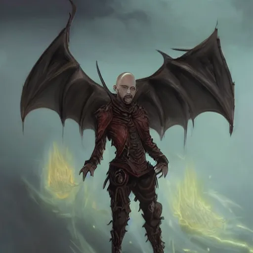 Image similar to full body anime style dragon in humanoid form, bald with a beard made of fire. fantasy style. very punk / alt aesthetic. wings and tail, a highly detailed, digital painting, artstation, concept art, matte, sharp focus, illustration, art by artgerm and greg rutkowski