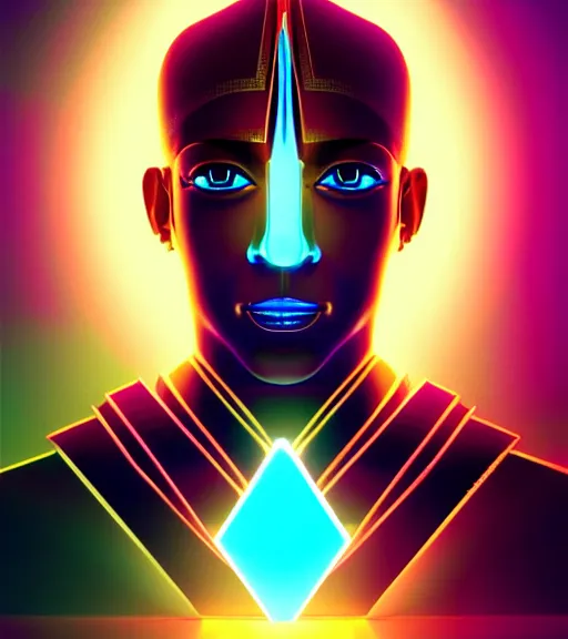 Image similar to symmetry!! egyptian god of technology, solid cube of light, hard edges, product render retro - futuristic poster scifi, lasers and neon circuits, brown skin handsome egyptian god, intricate, elegant, highly detailed, digital painting, artstation, concept art, smooth, sharp focus, illustration, dreamlike, art by artgerm