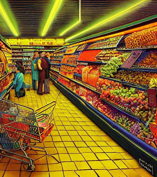 Prompt: cozy portland grocery store. vantablack cloth technology, vintage shapes, retro technology, happy colors dariusz zawadzki, tim hildebrandt, wayne barlow, bruce pennington, larry elmore, oil on canvas, deep depth field, masterpiece, cinematic composition. dramatic zoom, hyperdetailed, hd, hdr