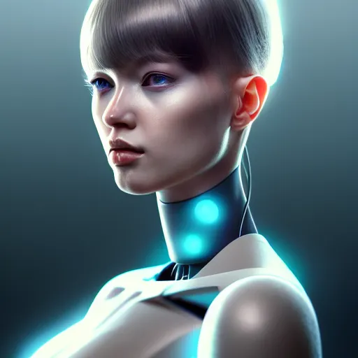 Image similar to a extremely detailed digital painting of a highly complex humanoid android woman with integrated cybernetic modifications, art by ilya kuvshinov, trending on cgsociety, computer art, ilya kuvshinov, artstation hd, artstation hq, photo realistic, hyperrealism, soft light, cinematography photo, ray tracing, unreal engine 5