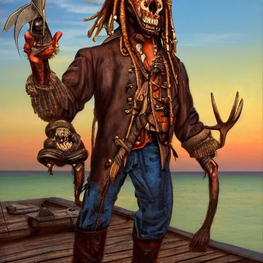 Image similar to anthropomorphic moose pirate humanoid by james gurney, pirate ship, sea, fantasy