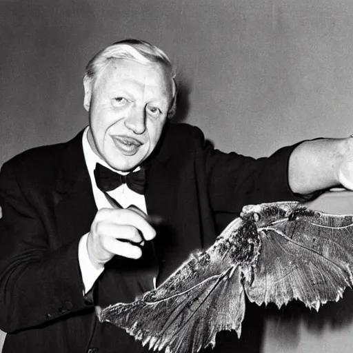 Image similar to Sir David Attenborough holding Mothman