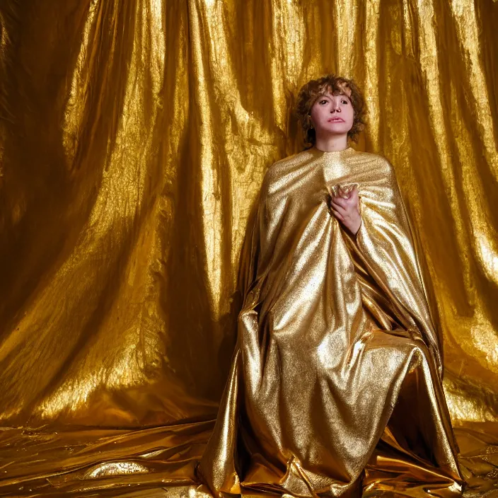 Prompt: a color photograph, closeup portrait of a woman wrapped in a gold mylar foil blanket, sitting on a throne in an abandoned coffee shop, color photograph, by vincent desiderio, canon eos c 3 0 0, ƒ 1. 8, 3 5 mm, 8 k, medium - format print