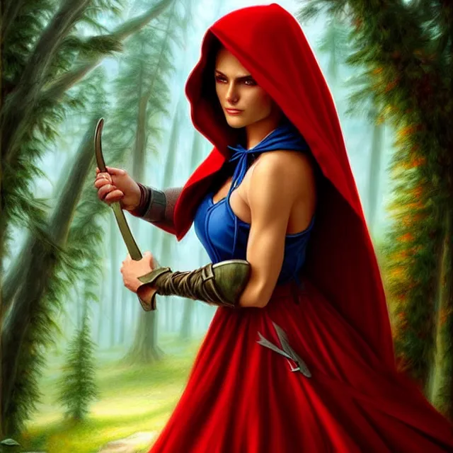 Image similar to beautiful!! red riding hood warrior artgerm anne stokes highly detailed 8 k hdr smooth sharp focus high resolution award - winning photo photorealistic