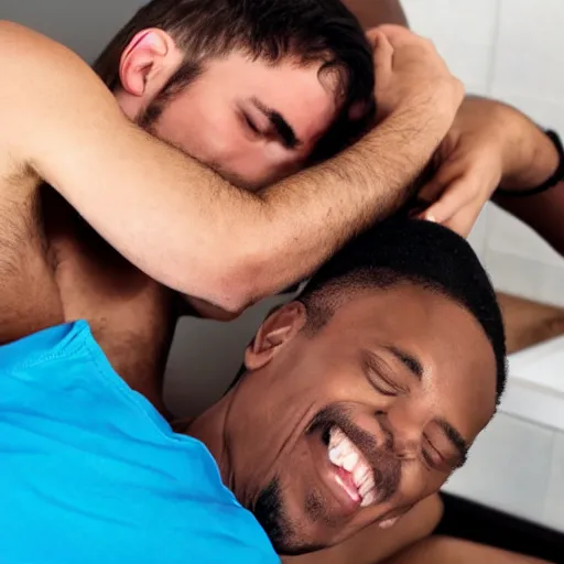 Image similar to man getting his armpits tickled by another man