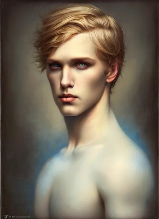 Prompt: an unnerving portrait of a male with beautiful blue eyes and short blond hair, art tom bagshaw